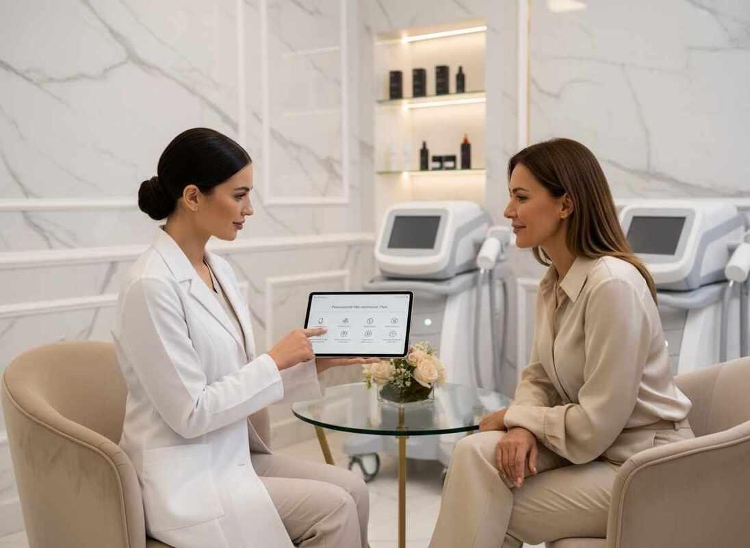 Aesthetic practitioner having a consultation with a client in a premium but approachable Med Spa