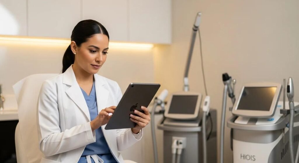 Aesthetic practitioner reviewing Instagram inquiries on a tab